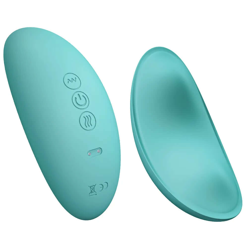 JawZen Jaw Massager in teal, featuring control buttons for warmth and vibration settings.