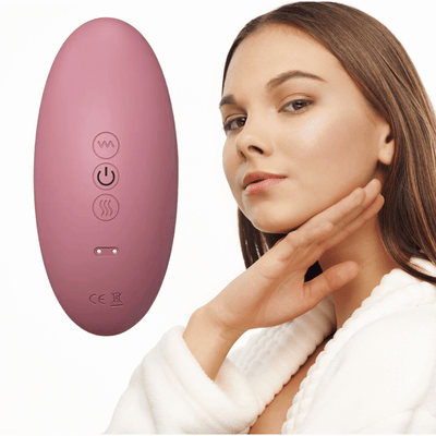 JawZen Jaw Massager displayed next to a woman gently massaging her jawline, wearing a cozy robe.