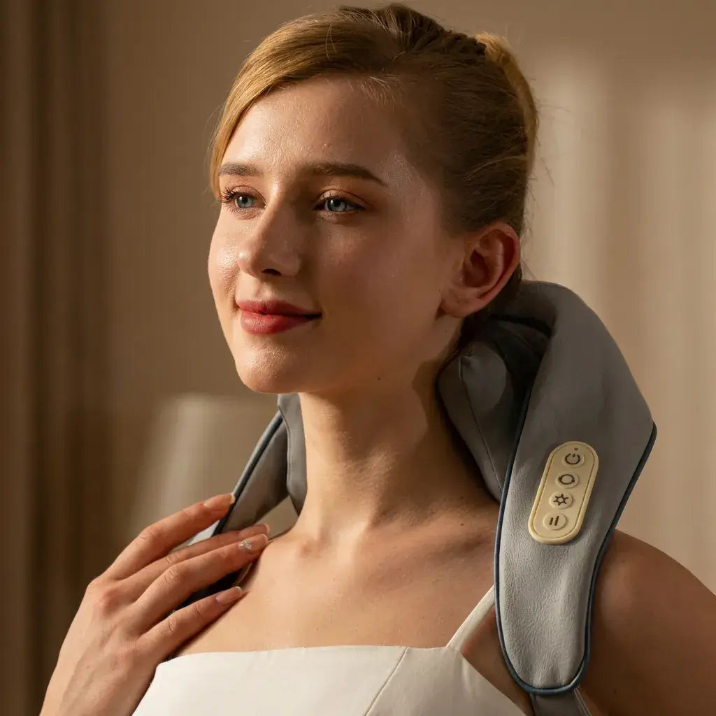 Woman enjoying the KLAX 5D Shiatsu Massager, featuring controls and a sleek design for neck support.