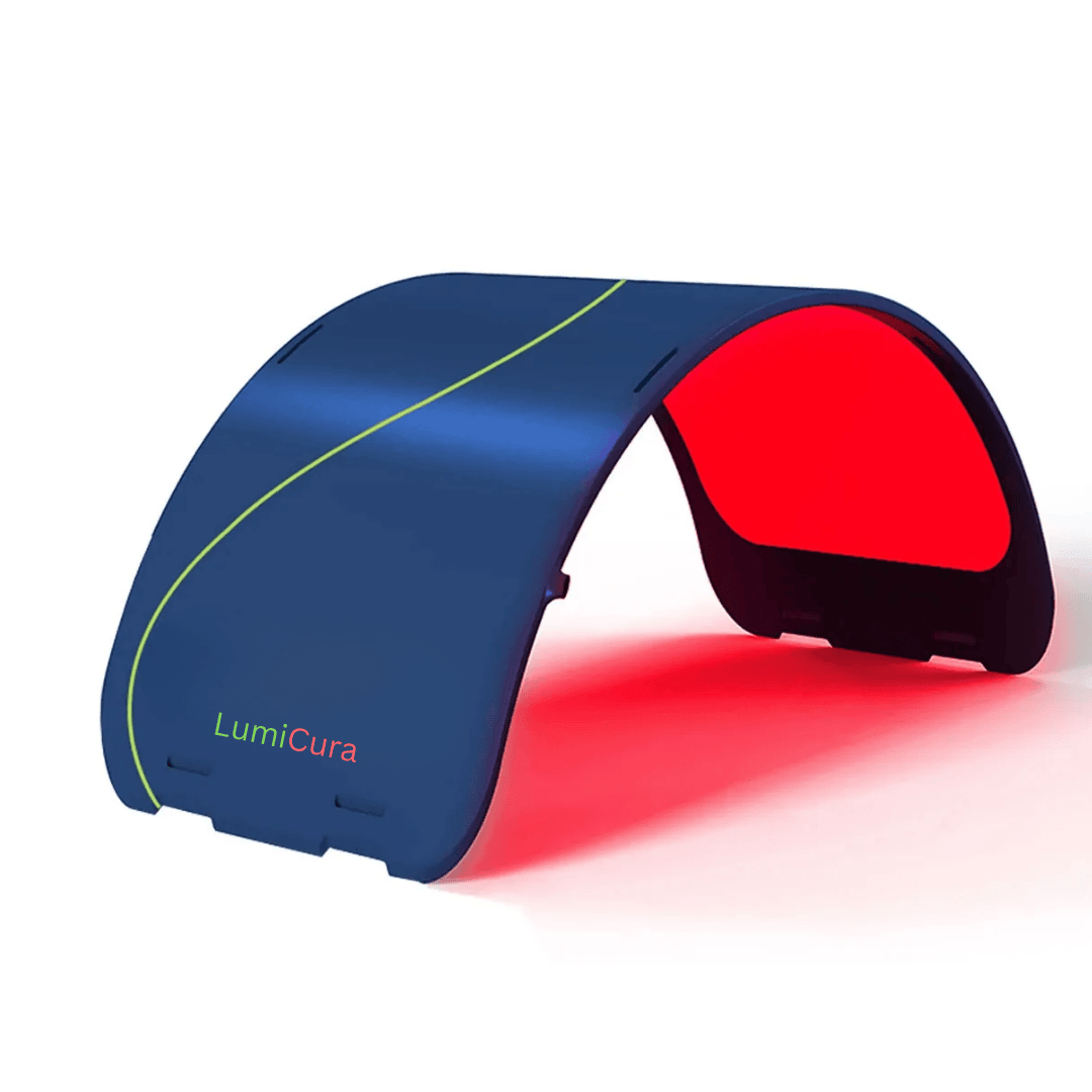 LumiCura Flexible Light Panel in a curved shape with a blue exterior and red light emitting from the inside.