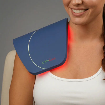 Woman using LumiCura Flexible Light Panel on her shoulder for light therapy comfort.