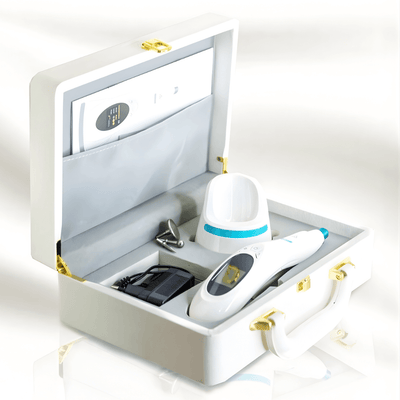HaliPlasma Pro Beauty Device in an elegant carrying case showing the device and accessories.