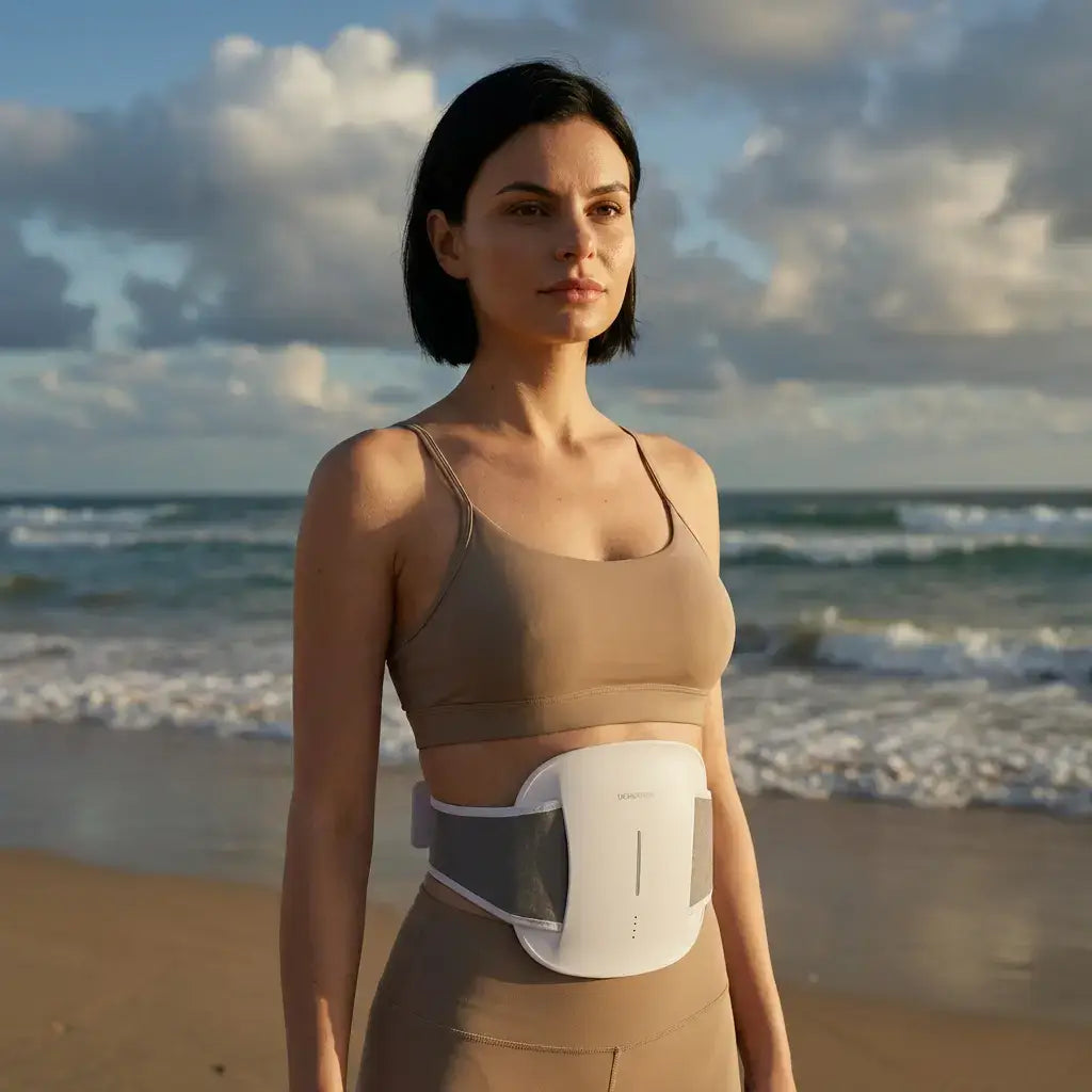 Woman wearing HaliBelt Waist Massager on the beach, enjoying a relaxed moment by the ocean.
