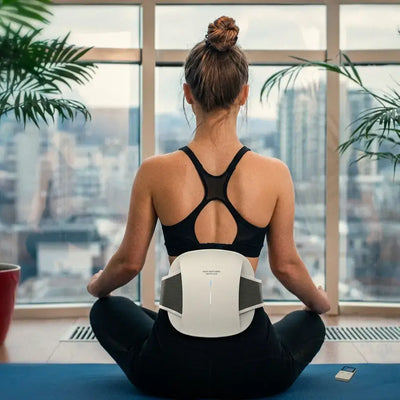 Woman practicing yoga indoors while using the HaliBelt Waist Massager for comfort and relaxation.