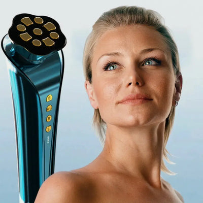 Close-up of a woman using the Polaris-II Advanced Beauty Device, showcasing its sleek design and user-friendly interface.