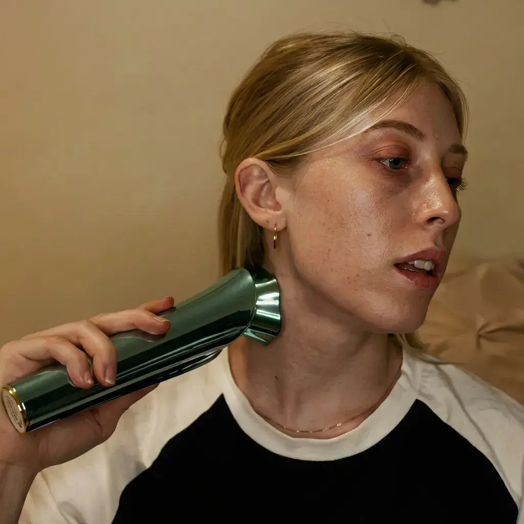 A person using the Polaris-II Advanced Beauty Device on their jawline while sitting on a bed.