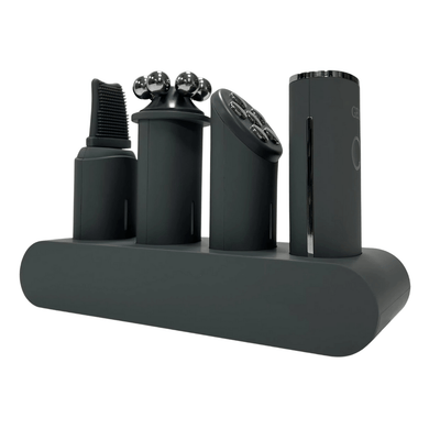 Vellura-Gess Contour & Renew skincare device showcasing multiple attachments on a sleek black charging dock.