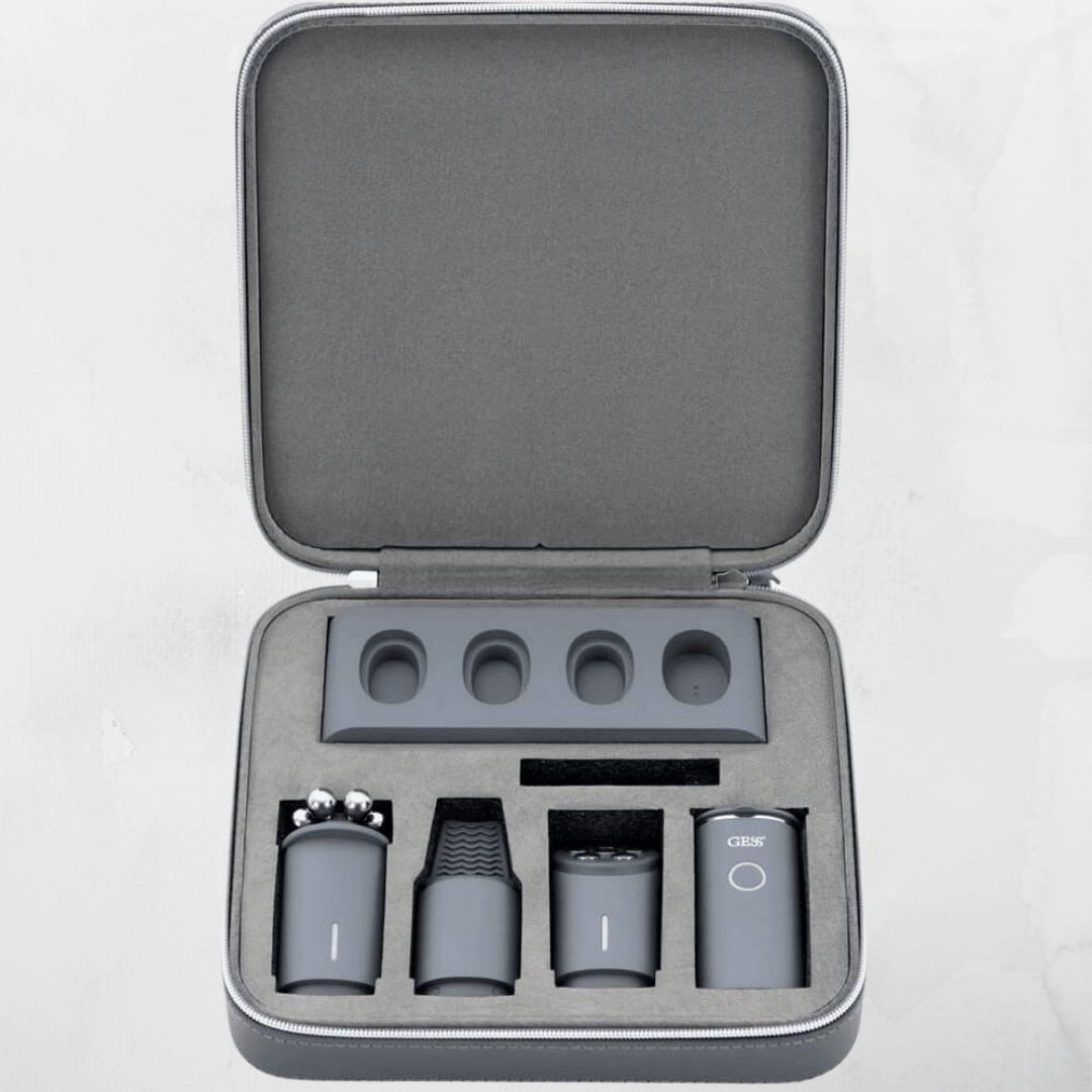Vellura-Gess Contour & Renew set in a compact gray case, showcasing multiple skincare device attachments.