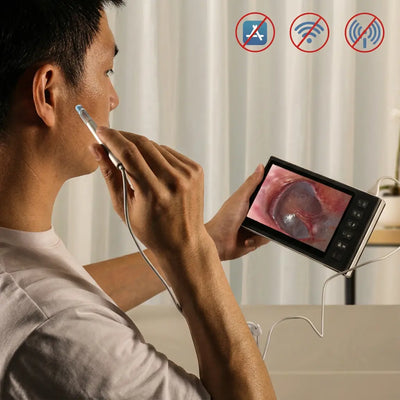 Person using Halipax HD Digital Otoscope to view ear canal clearly on screen for safe ear cleaning.