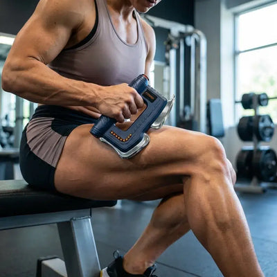 Person using the Fitdash Blade Massage Tool on their thigh while seated on a bench in a gym setting.