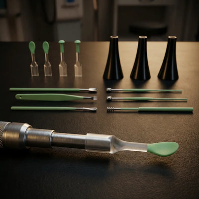 Halipax HD Digital Otoscope accessory toolkit with various cleaning tools and applicators on a dark surface.