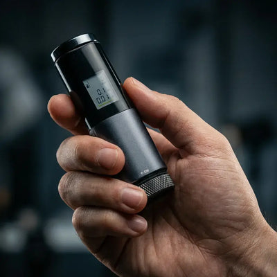Person holding the Halipax-S20 Smart Breathalyzer with a digital display showing a reading.