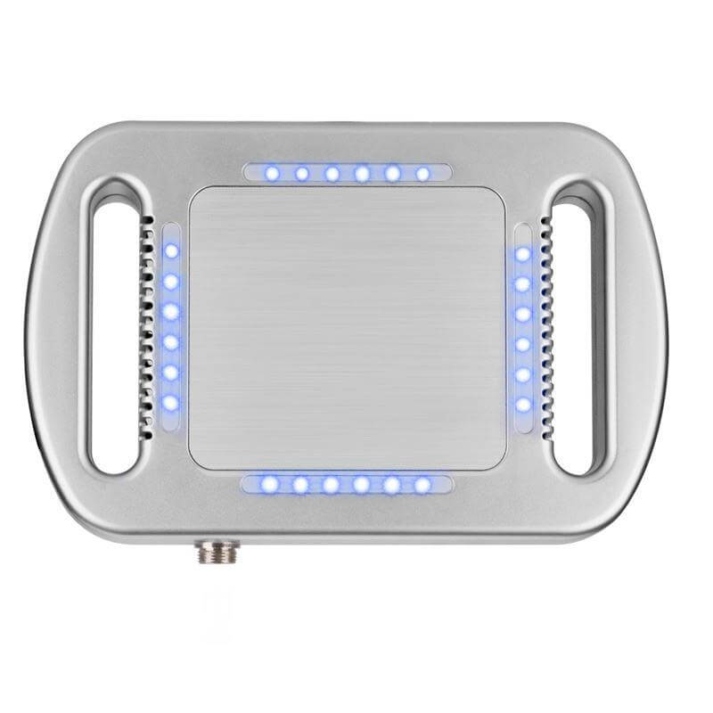 Top view of the CryoPad-X Cryo Sculpt Device featuring blue indicator lights and handles.