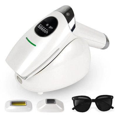 AP10 IPL Hair Removal Device with digital display, safety glasses, and interchangeable treatment heads.