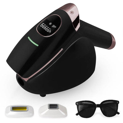 AP10 IPL Hair Removal Device with display, two interchangeable heads, and protective sunglasses on a black base.