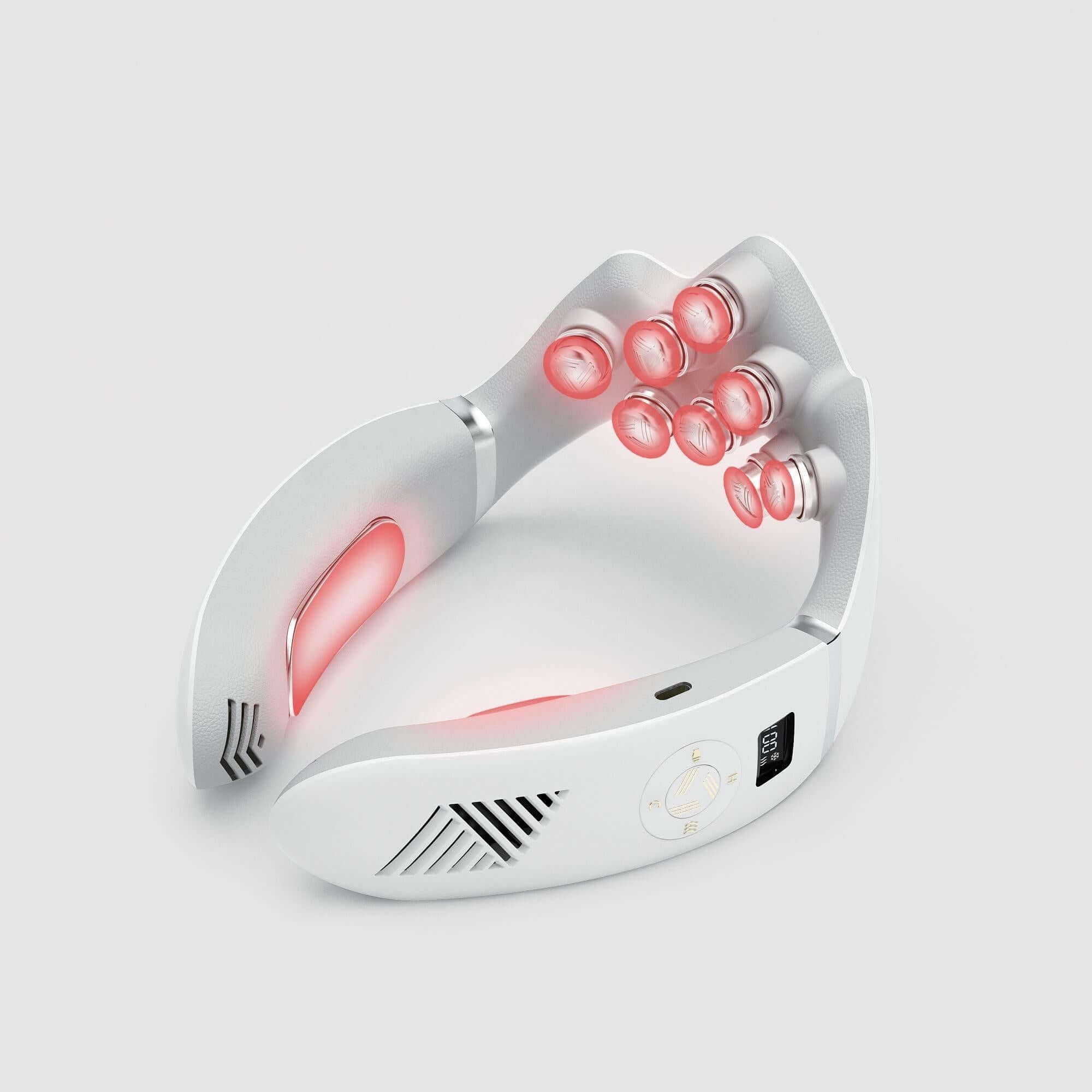 Asmenix Smart Neck Massager showing a sleek design with massage nodes and control panel for comfort.