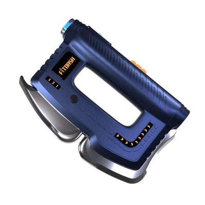Fitdash Blade Massage Tool featuring a sleek blue design with ergonomic grip and five fascia tool attachments.