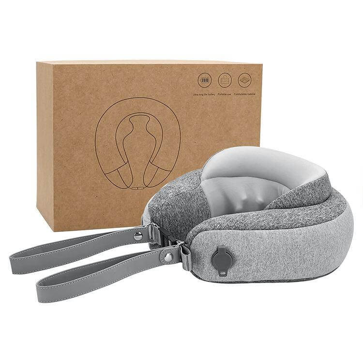 Halipax Travel Neck Massager with gray texture features and packaging for ultimate travel comfort.
