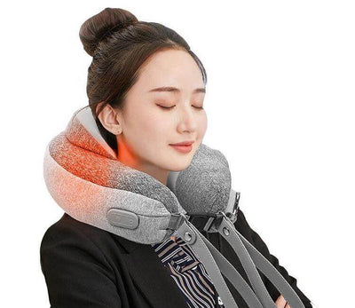 Halipax Travel Neck Massager providing soothing relief to a woman in a professional setting, enhancing travel comfort.