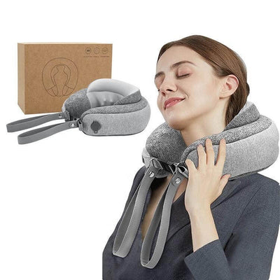 A woman enjoying the comfort of the Halipax Travel Neck Massager, designed for ultimate neck relief during travel.