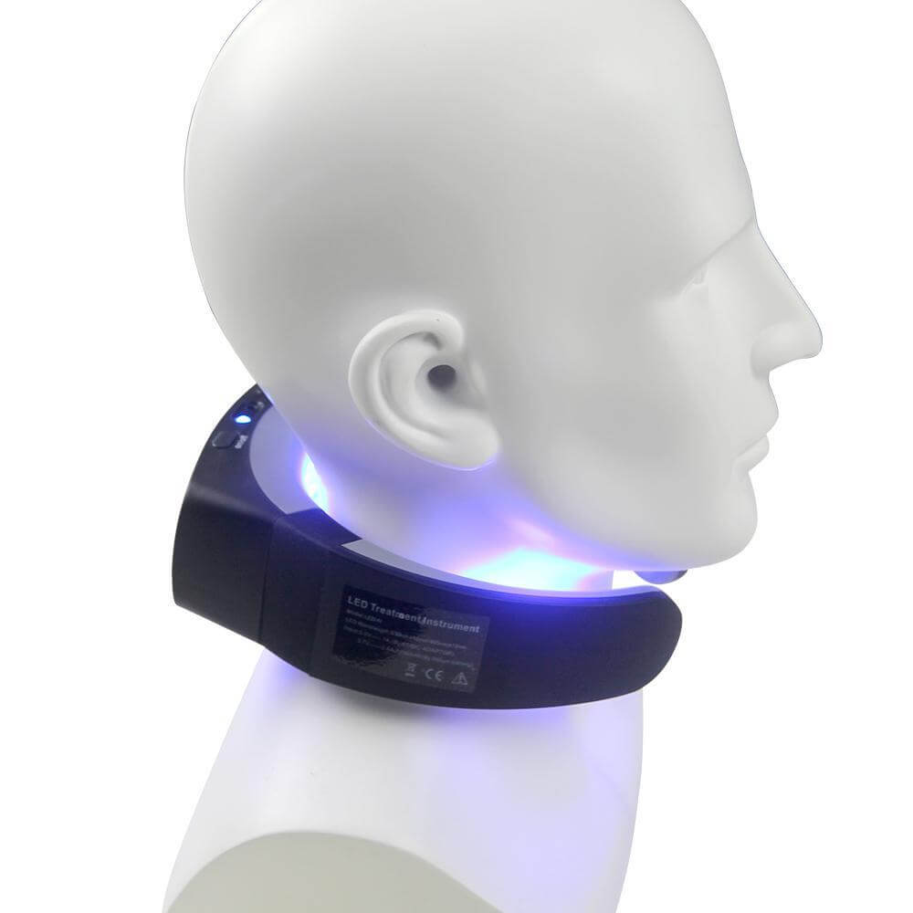 Halipax Dual-Light Neck Device being worn around a mannequin's neck, featuring glowing blue lights.